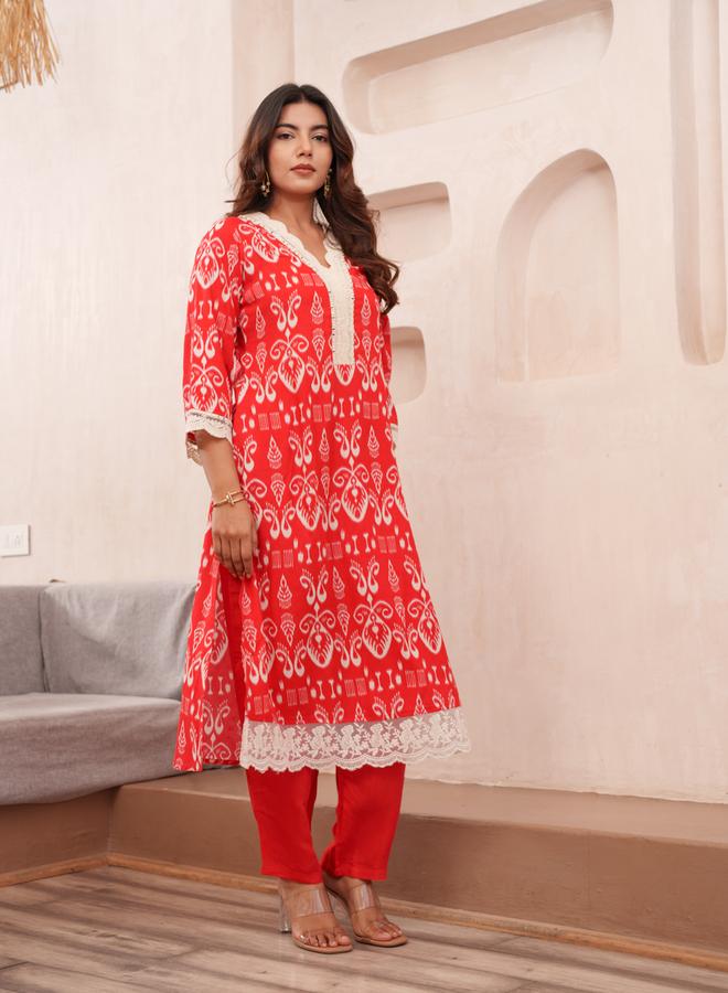 DW Women Ethnic Motif Print V Neck Straight Kurta and Trousers Co-Ords - Image 1